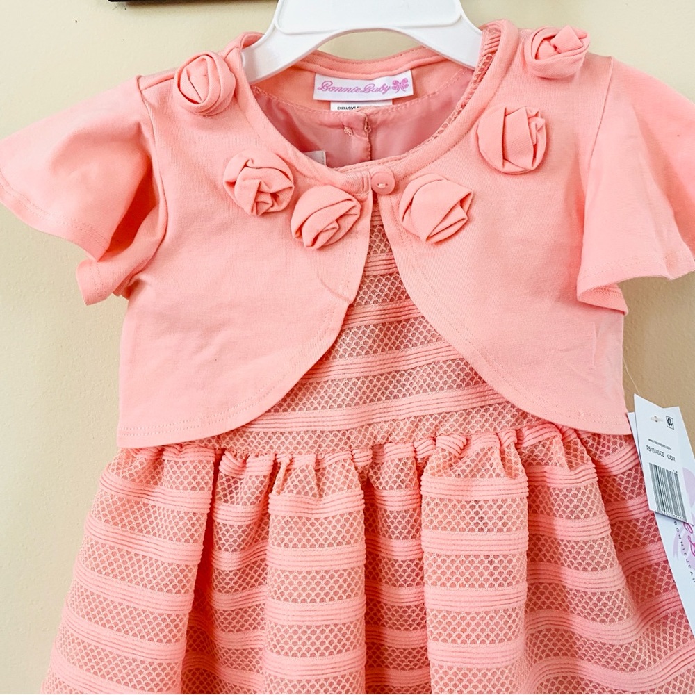 BONNIE BABY Emmie Knit Party Dess Cardigan Salmon Pink 24 Months Pageant Easter - Picture 7 of 16